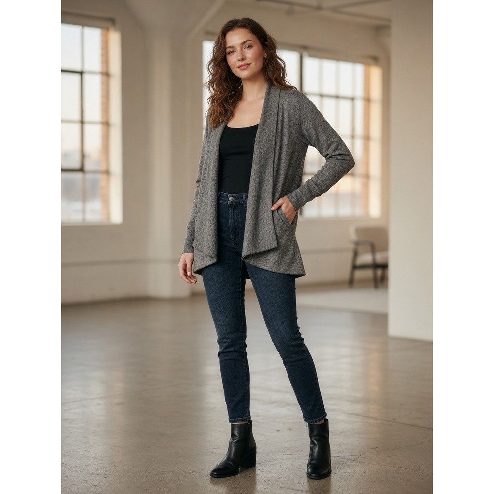 Athleta Pranayama Wrap Cardigan Heathered Grey Open Front Pockets S 76687 HOL18